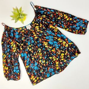 Parker Black Cold Shoulder Floral Silk Top Size Medium